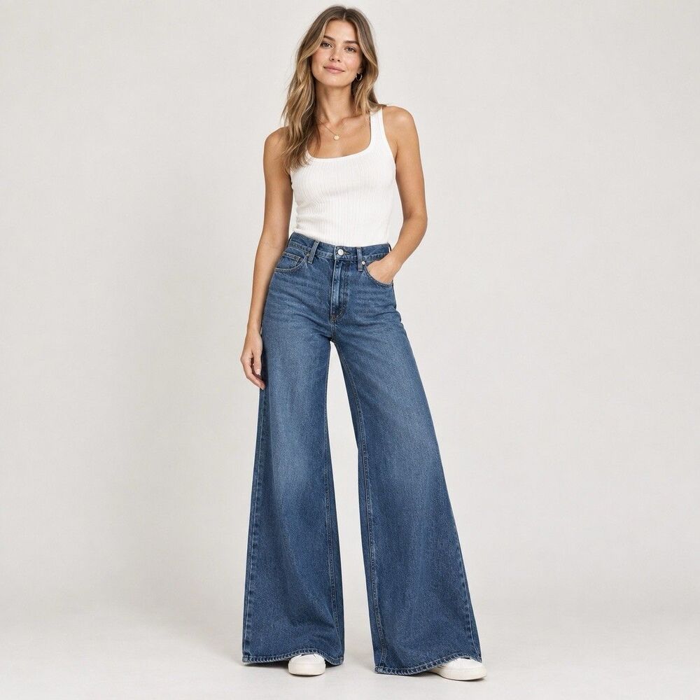 NWT FRAME Easy Wide Flare Jeans size 28 Lucite Blue High Rise Palazzo Leg 70s
